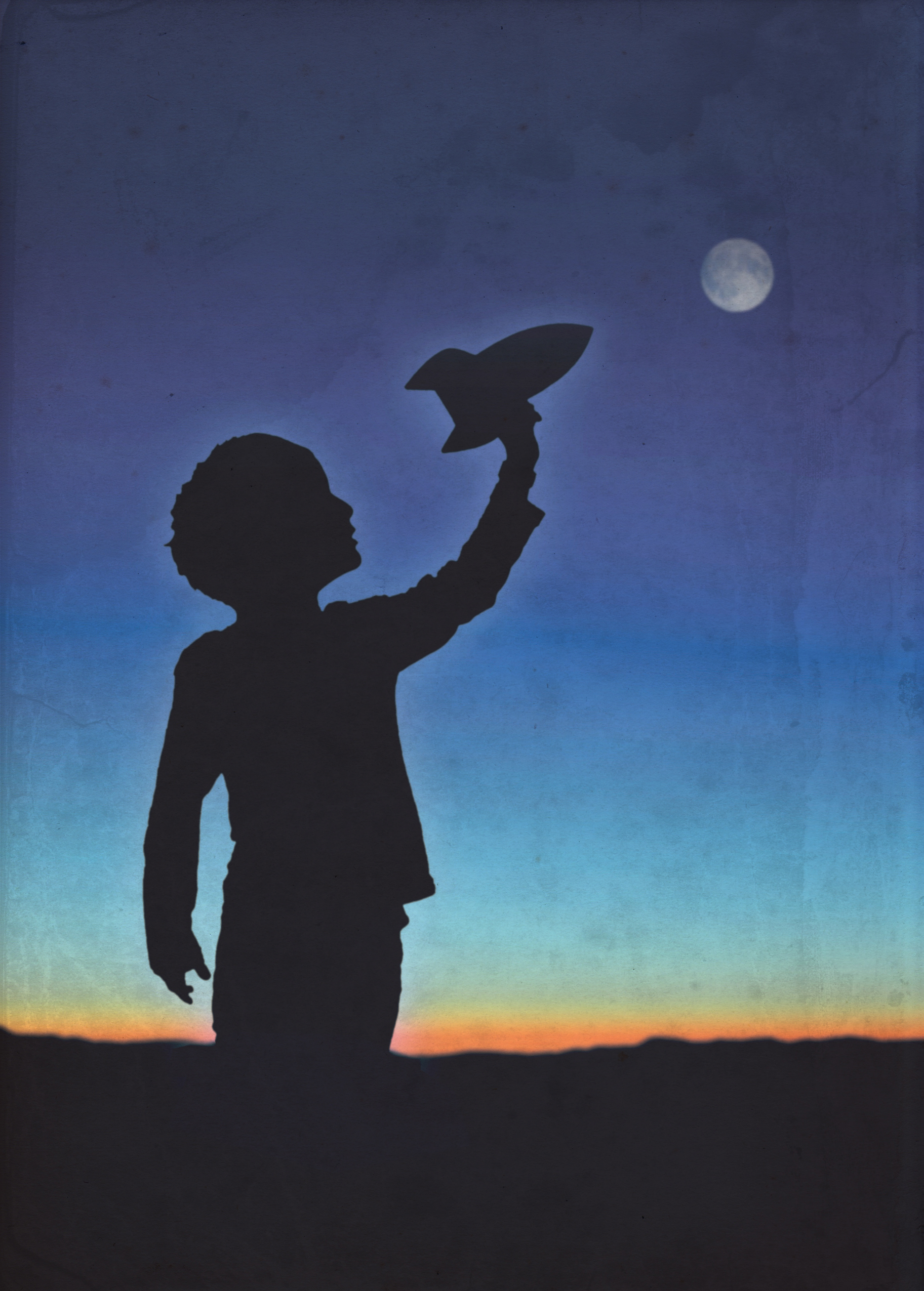 Silhouette of boy holding a rocket against a night sky.