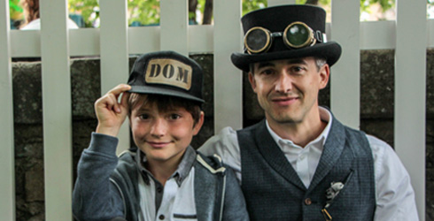 Toby Mitchell and his son Dominic in costume for Future Perfect