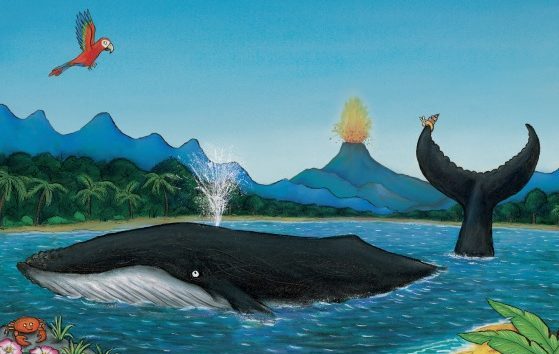 A drawing of a black, humpback whale in the sea. There is a volcano erupting in the background next to some mountains and a parrot flying overhead. The Snail and the Whale is written in the sky.