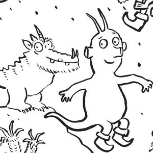 Close up image of black outlined dragon-like creature and a smoo alien