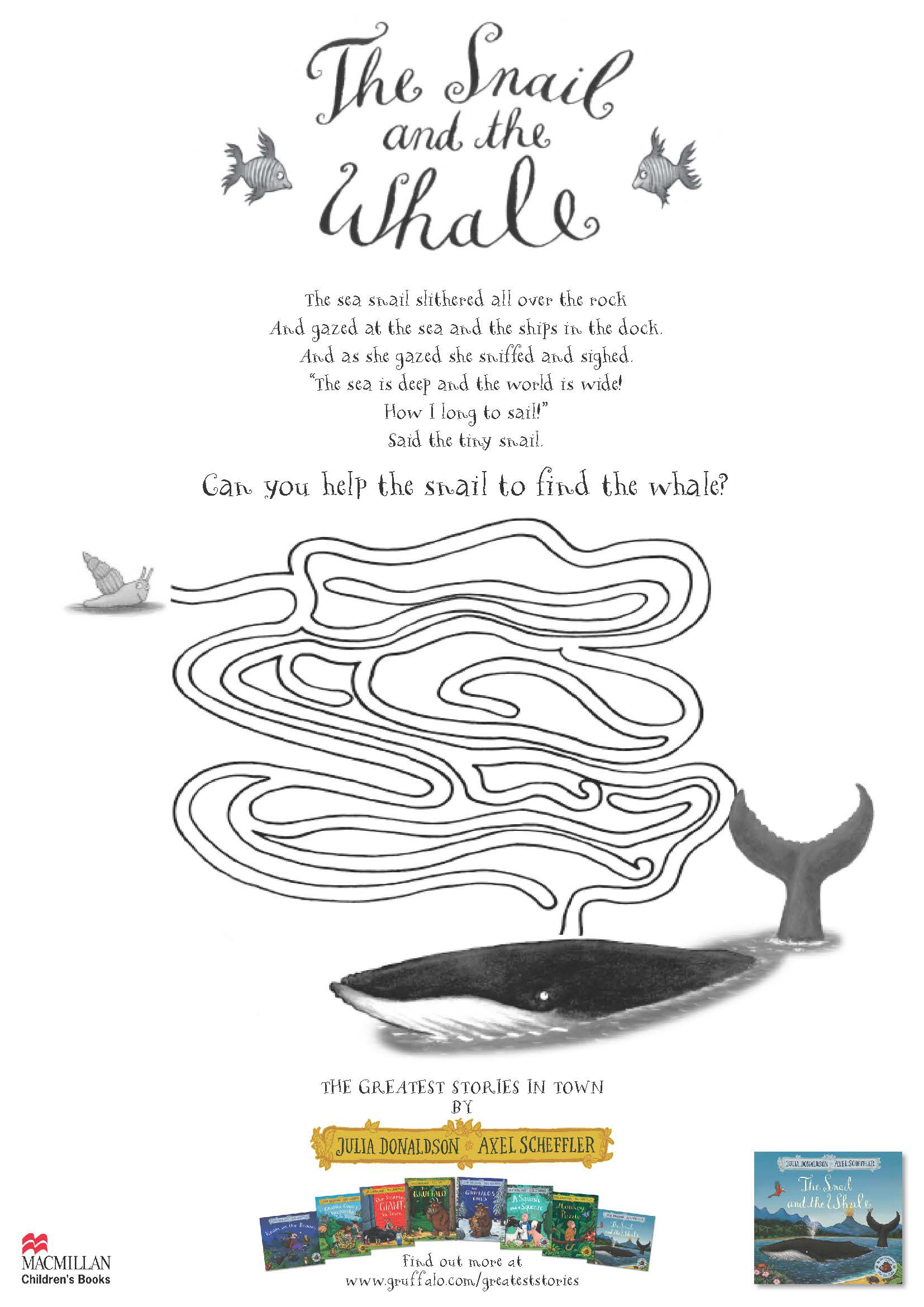 A black and white maze with the snail at one end and the whale at the other end.
