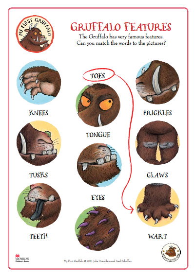 Gruffalo features worksheet with circular images of The Gruffalo's knees, tongue, toes, prickles, claws, eyes, tusks, teeth and wart.