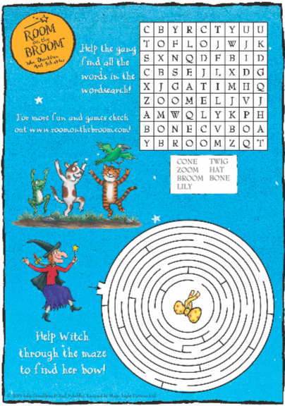 A worksheet with a black and white maze and wordearch on. At the centre of the maze is the Witch's bow. There is an image of the Witch dancing and a separate image of the Frog, Dog, Cat and Bird Dancing.