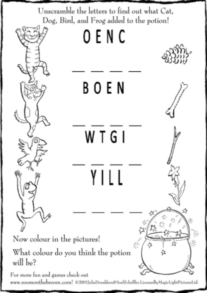 A word scramble worksheet with black and white images of the Cat, Dog, Frog, Bird, cauldron, stick, bone, pine cone and a lily.