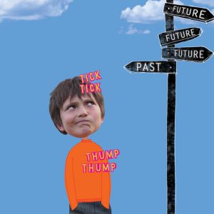 Illustrated image with a real image of young white boy's face, with brown hair wearing an orange jumper, staring up at a sign post with three 'future' signs pointing right and one 'past' sign pointing left.