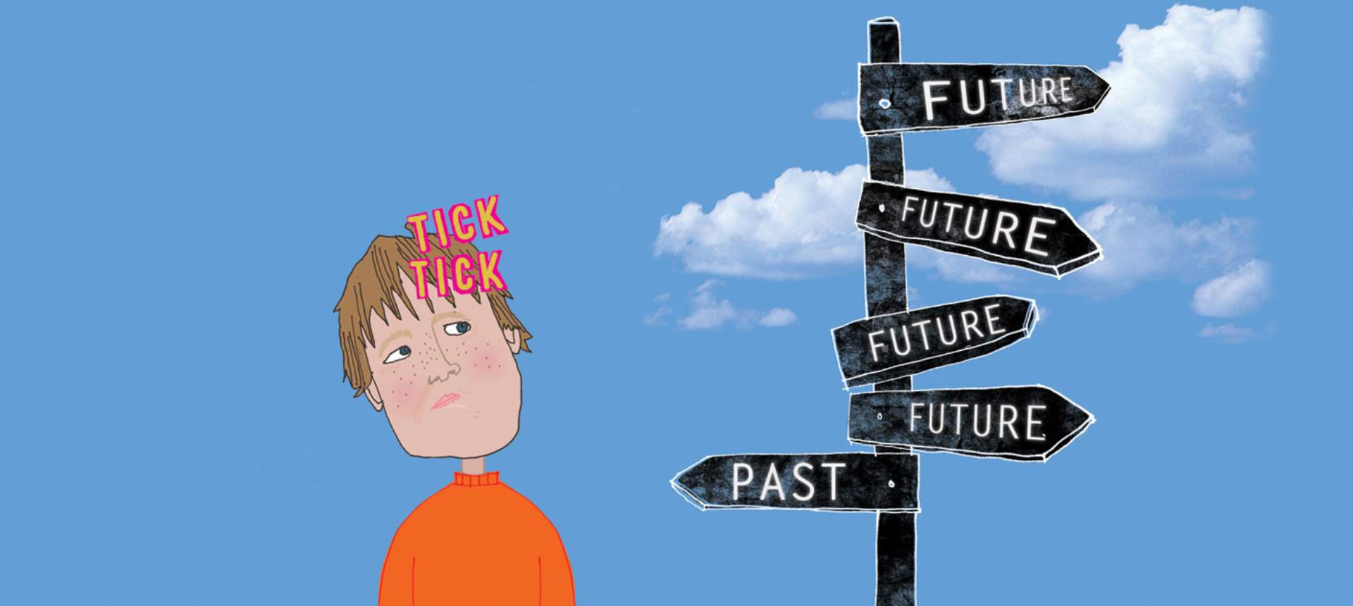 Illustration of a young white boy with brown hair wearing an orange jumper side glancing at a road signpost with three