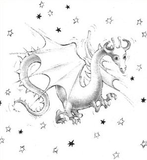 A black and white drawing of the Snow Dragon, surrounded by stars.