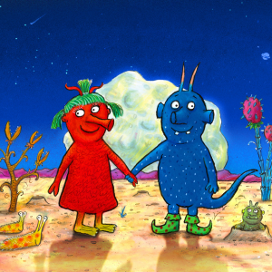 A red Smed and a blue Smoo holding hands on a sandy planet against a blue sky.