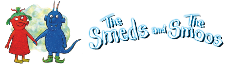 A red and a blue alien holding hands next to the Smeds and The Smoos logo.