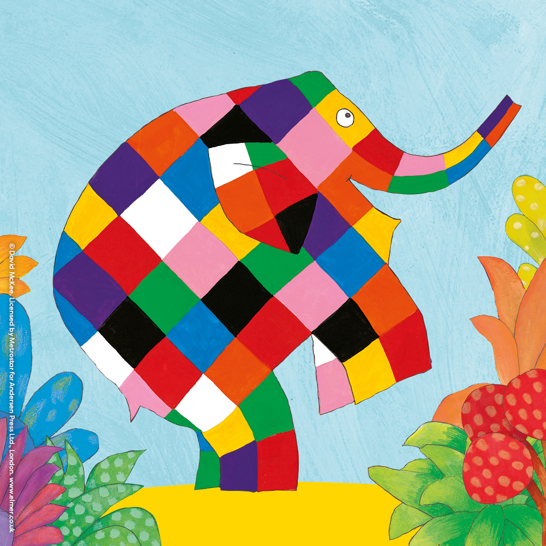 A colourful illustration of Elmer the patchwork elephant standing on his back legs with his trunk in the air
