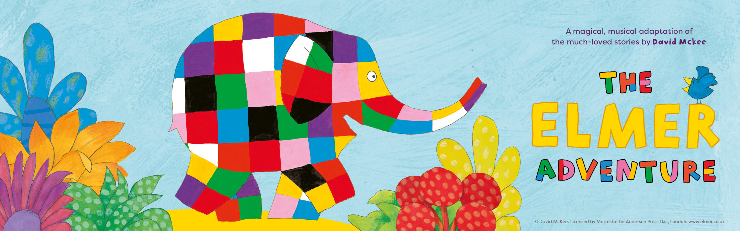 An illustration of a colourful patchwork elephant walking towards the words 