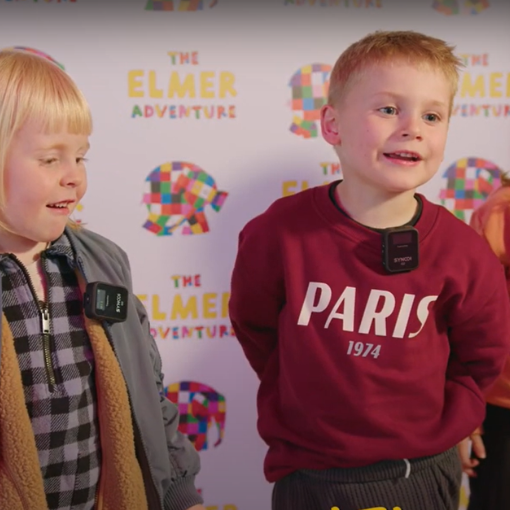 An image of two children with microphones on.