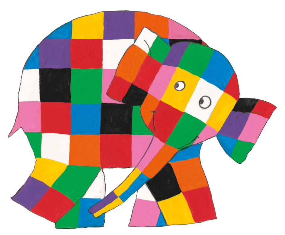 Elmer the patchwork elephant walking forward whilst looking behind him