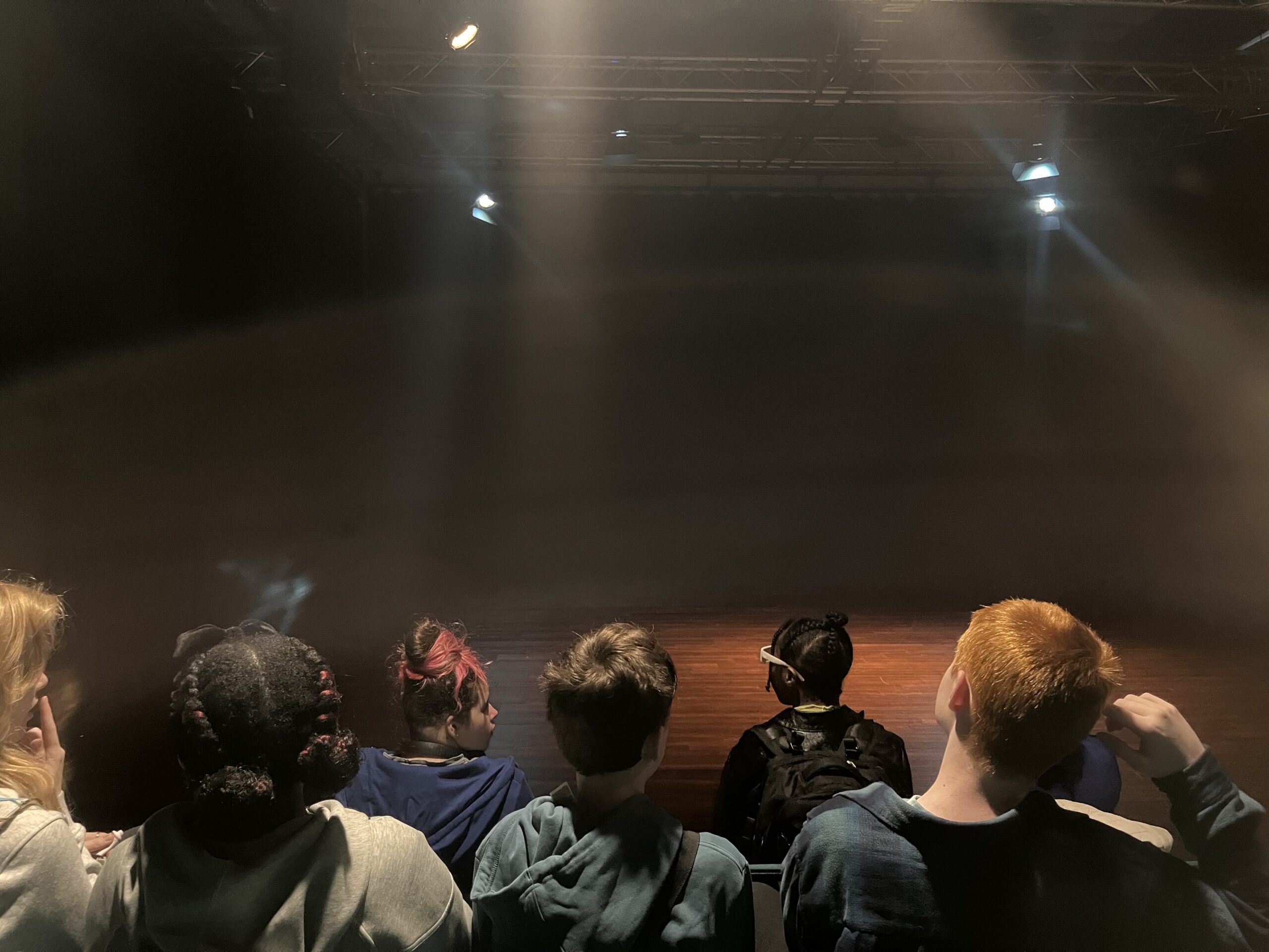 The backs of childrens heads. They are sitting in raked seating of a theatre, looking onto a dark stage.