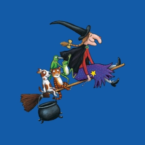 Cartoon of a witch flying on a broom stick with other animals on the back.