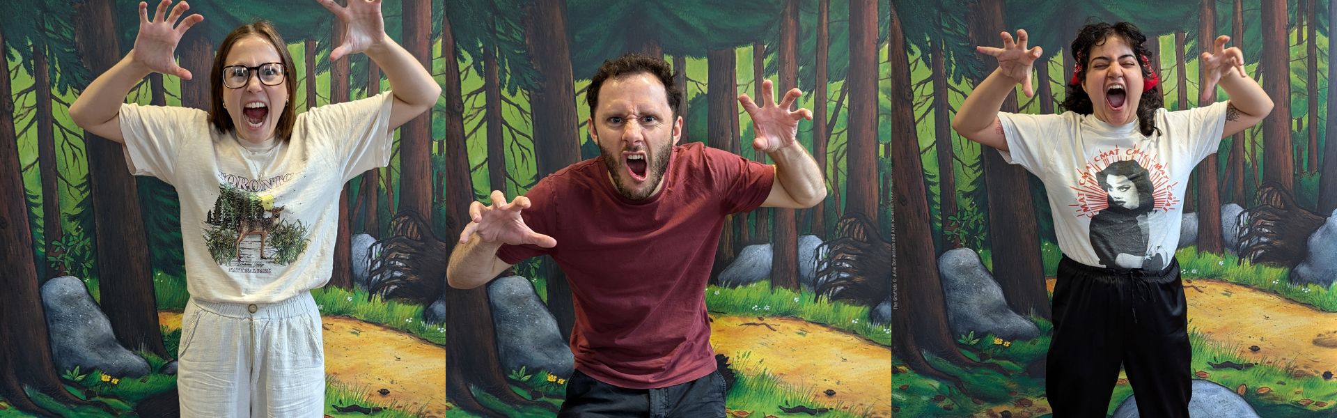 Three images of people trying to roar with their mouths open and arms hunched over.