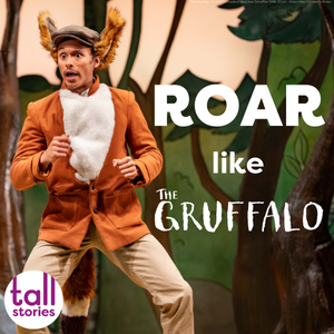 A man dressed as the fox from The Gruffalo standing up with his arms tucked into his side. The text reads