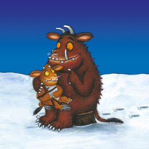 A cartoon image of The Gruffalo and his child, sitting on a tree stomp in the snow.