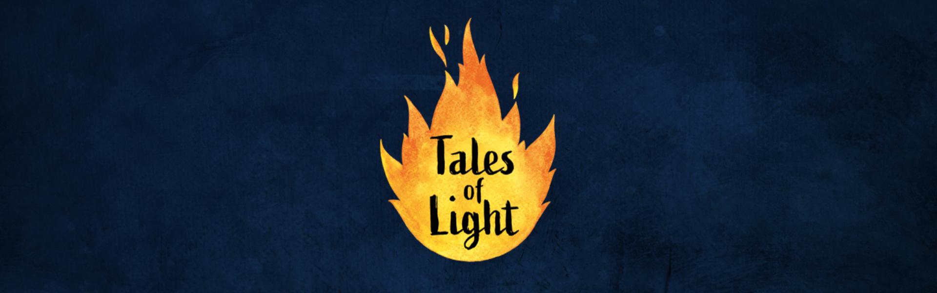 A vibrant orange and yellow flame against a dark blue background, with the words 