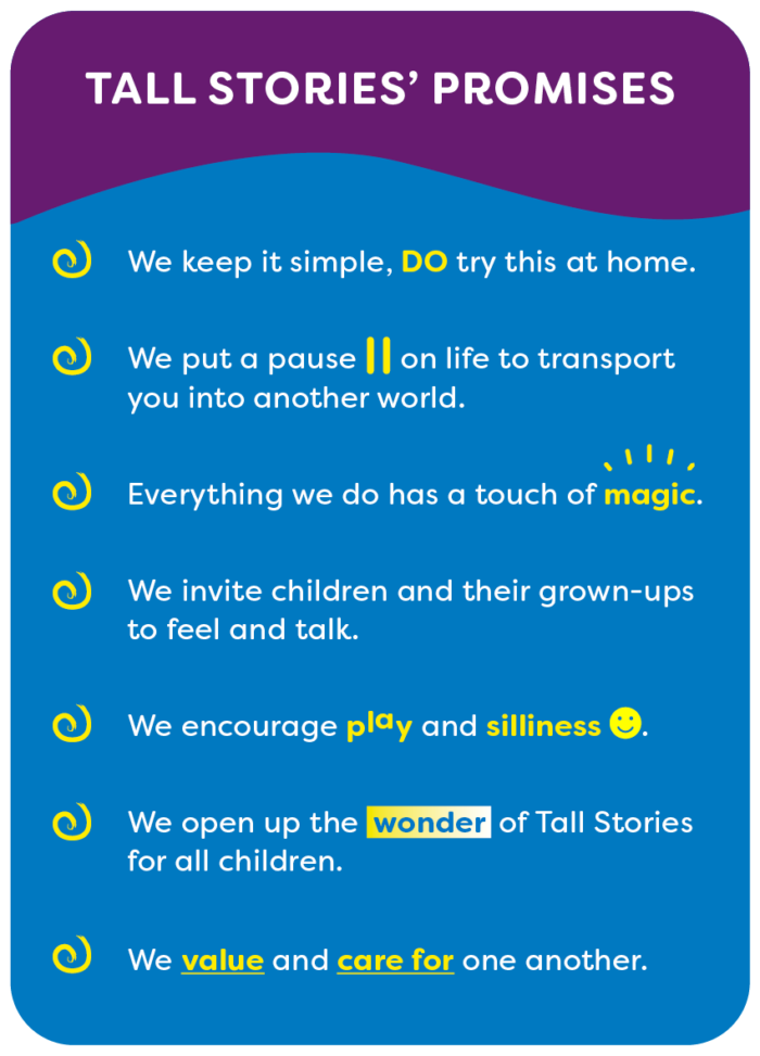 a graphic in blue and purple with the tall stories promises on it